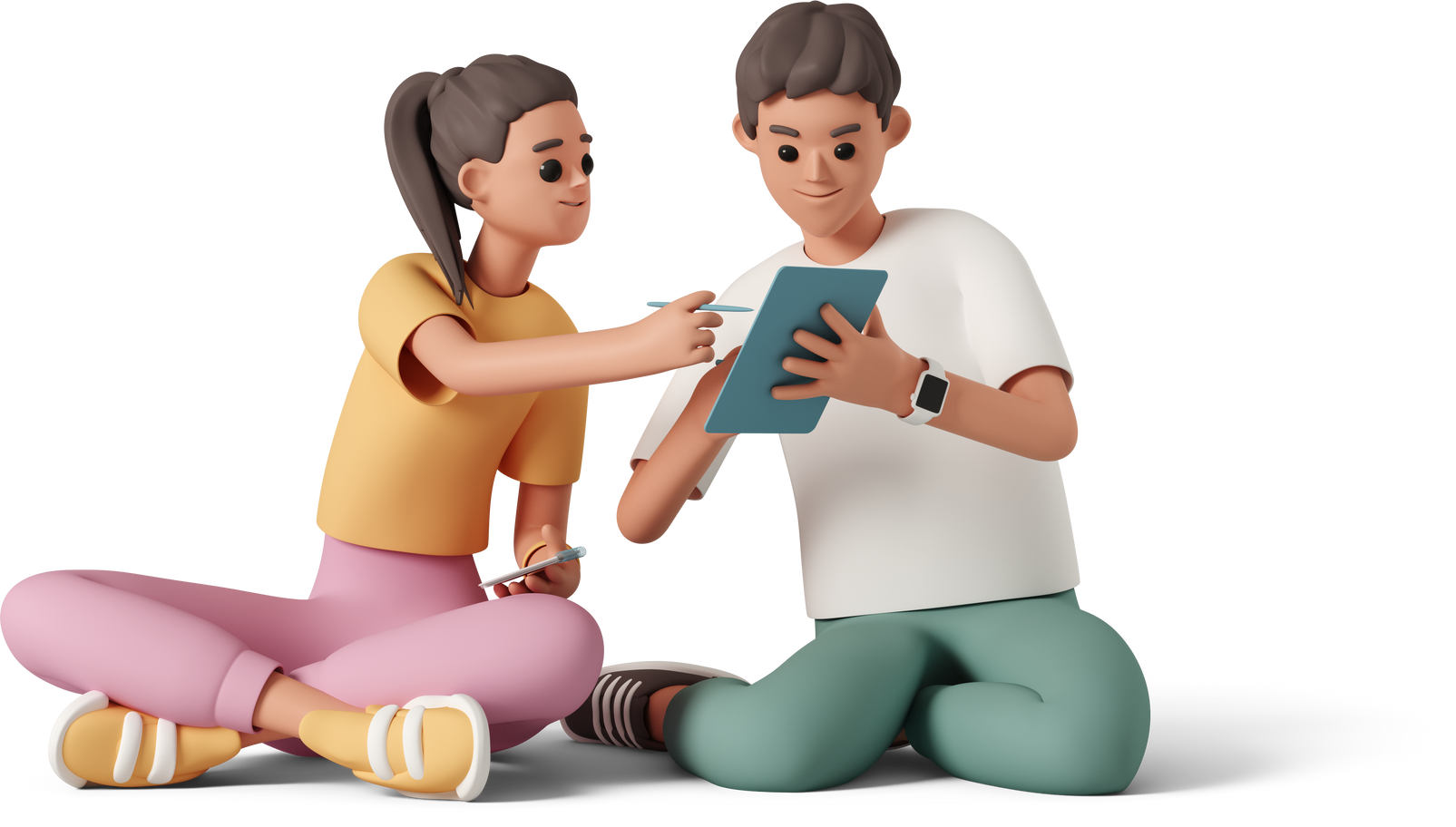 casual-life-3d-girl-and-boy-sitting-with-tablet